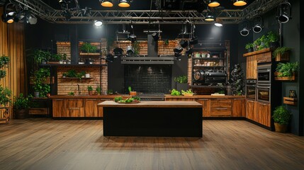 Modern studio set designed for a cooking show, complete with kitchen equipment