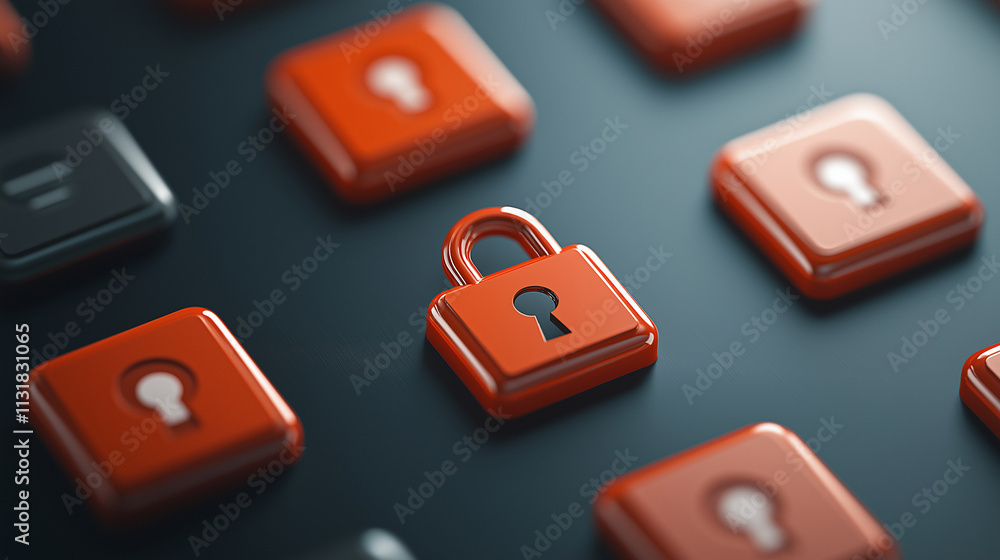 Poster digital landscape featuring red lock icons on dark background, symbolizing security and protection. 