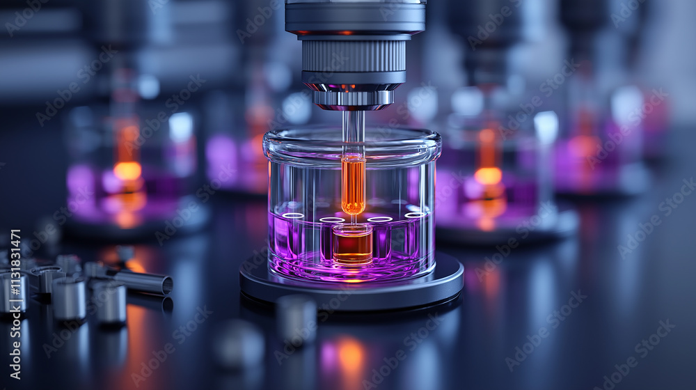 Aufkleber laboratory setup featuring microscope analyzing colorful liquid samples in glass containers, showcas