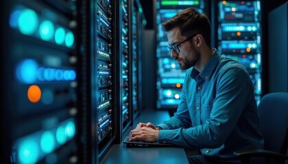 specialist works on complex network install. Focused tech person types on keyboard in server room. Server racks fill background. Expert handles intricate tech tasks. Network installation underway.