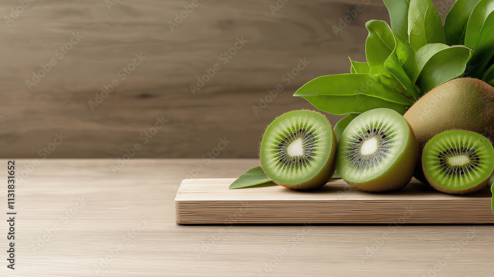 Poster fresh sliced kiwi on wooden board with green leaves, showcasing vibrant colors and textures. delight