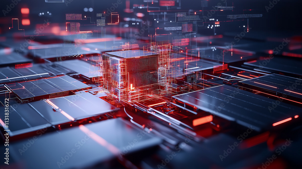 Poster futuristic digital landscape featuring interconnected circuits and glowing elements, symbolizing tec