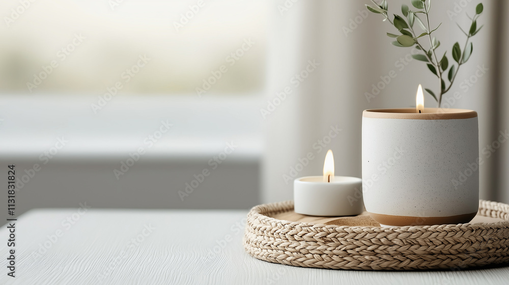 Poster serene setting featuring candles on woven tray, creating calming atmosphere. soft glow of flames and natural elements enhance relaxation and tranquility