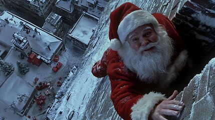 Santa stuck halfway in a chimney, his legs dangling out while he rolls his eyes in frustration, with Christmas gifts scattered below on the snowy rooftop. 
