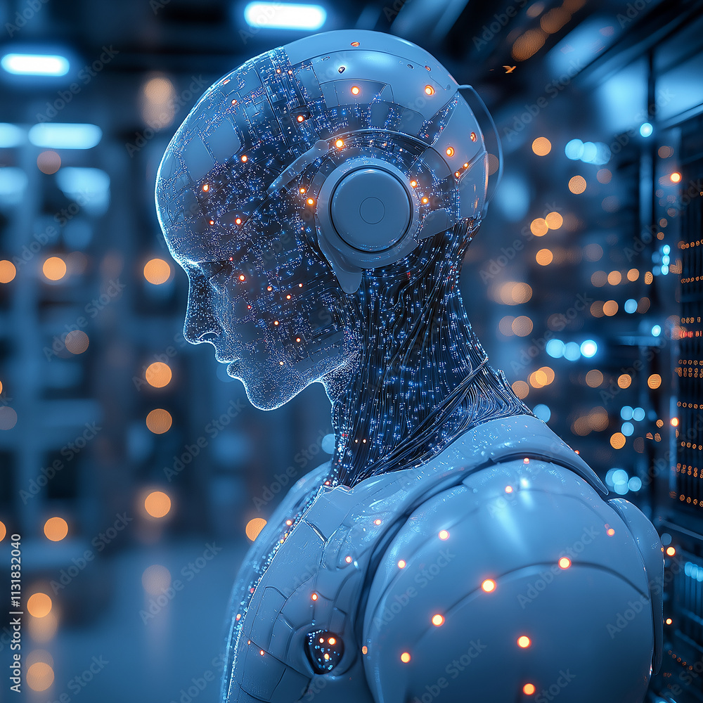 Poster futuristic humanoid robot with glowing circuits and headphones, symbolizing digital transformation and artificial intelligence. background features tech environment with lights