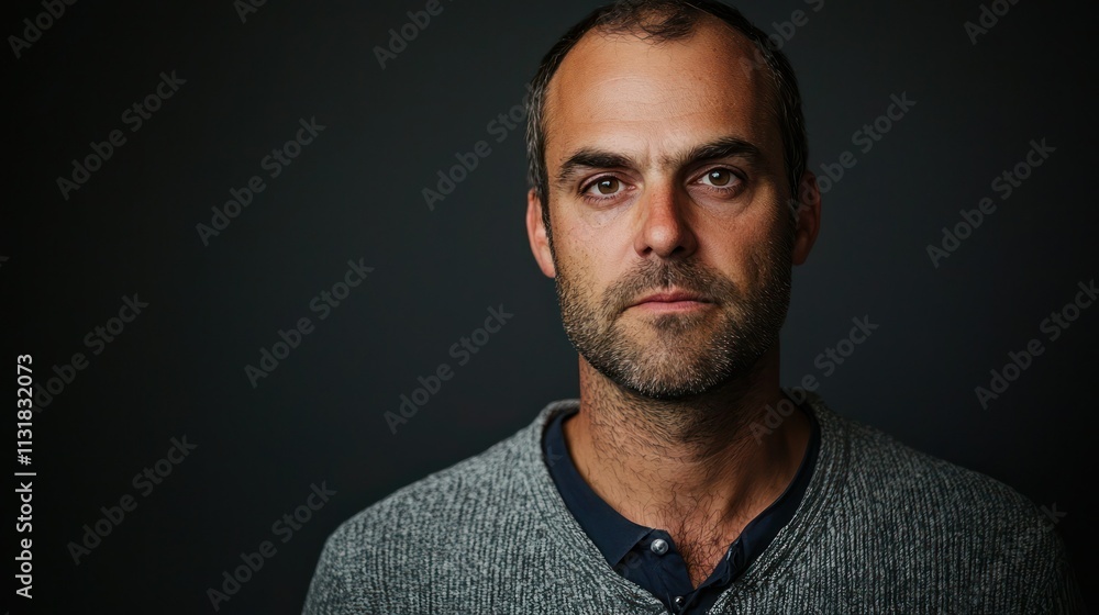 Poster studio portrait of a man with a serious expression against a solid backdrop