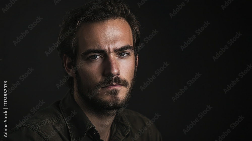 Poster studio portrait of a man with a serious expression against a solid backdrop
