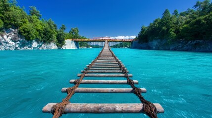 Turquoise River  Wooden Bridge  Scenic Landscape  Summer Day