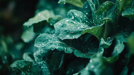 Fresh green leaves covered in droplets glisten in the morning light after rain