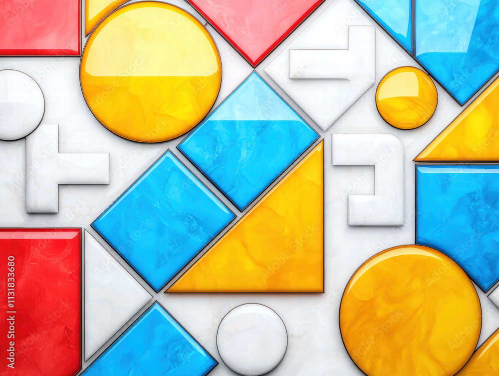 Poster mosaic texture stained glass colorful geometric shapes arranged in a vibrant abstract pattern on a l