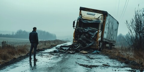 A troubled man examines the aftermath of a severe truck accident on a gloomy rural road.
