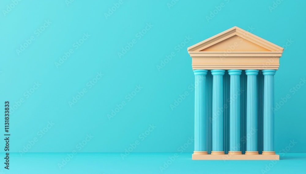 Poster a stylized architectural structure featuring classical columns against a vibrant turquoise backgroun