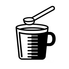 Isolated black and white vector illustration of a measuring glass of liquid medicine with a measuring spoon on a white background.