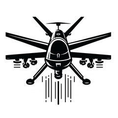 Isolated black and white vector illustration of military drone on white background.