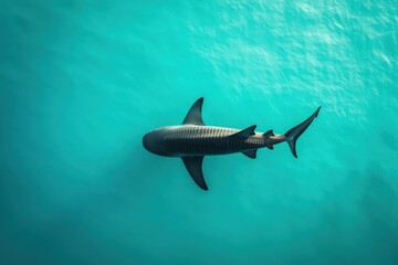 Fototapeta premium A sleek shark glides gracefully through the vibrant turquoise waters, showcasing its streamlined body and powerful fins.