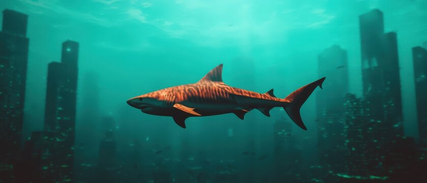 A shark swims gracefully through an underwater city, surrounded by ethereal blue waters and towering structures, creating a captivating and surreal scene.