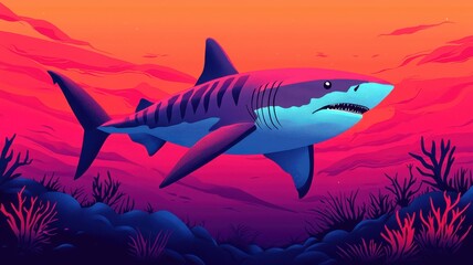 Obraz premium A vibrant illustration of a shark swimming through colorful underwater scenery with coral and a sunset backdrop.