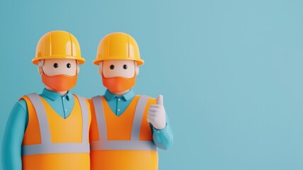 Two cartoon construction workers in hard hats and safety vests pose cheerfully against a blue background, emphasizing safety and teamwork.