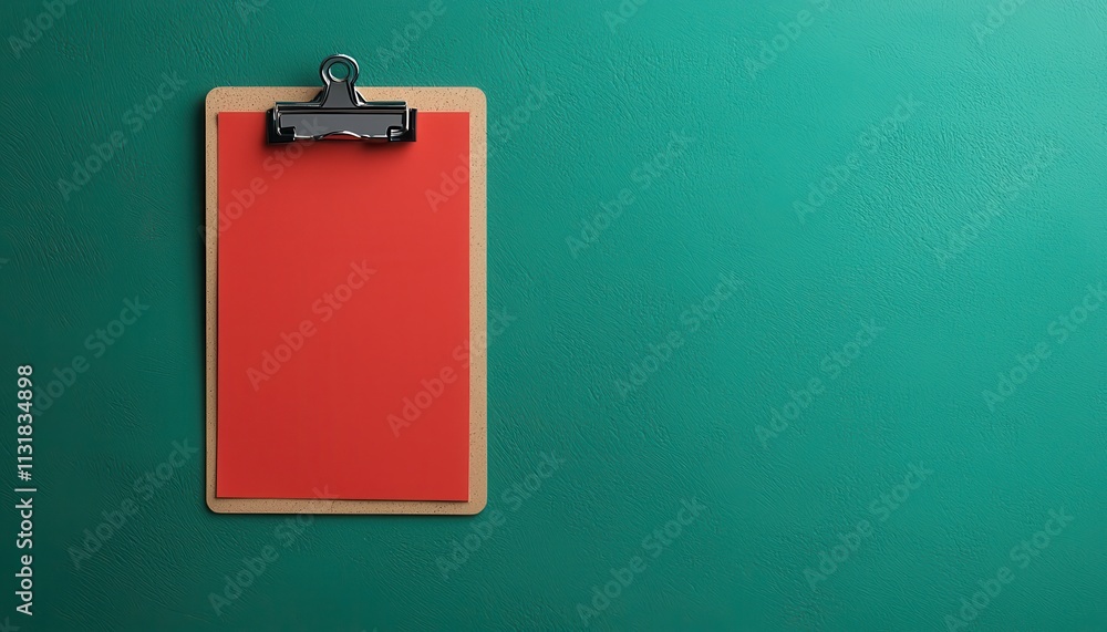 Poster a clipboard with a red sheet of paper against a green background, creating a vibrant and simple comp