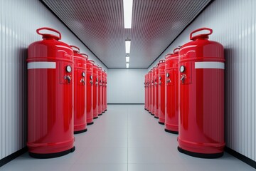 A row of red gas cylinders in a clean, organized storage space, featuring bright lighting and a metallic ceiling.