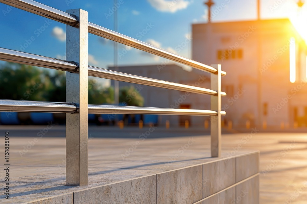 Poster a close-up view of a metallic railing with a warm sunset backdrop in an urban setting.