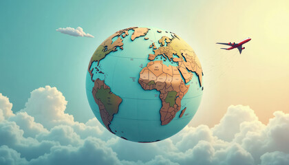 Fototapeta premium Globe rotates gently airplane departs leaving trail. Global exploration wanderlust. World map. Travel concept. Airplane flying above clouds. Sky background. Earth spinning. Air travel. Scenic view.