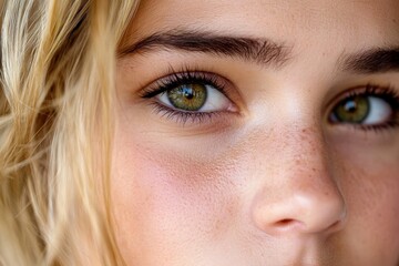 Fototapeta premium A detailed close-up image of beautiful green eyes exuding a thoughtful and introspective gaze, capturing intricate details and a sense of focus.