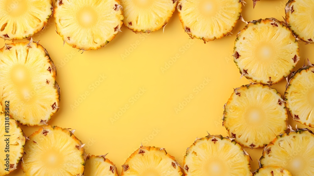 Poster pineapple slices form a frame on yellow background