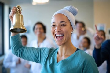 A nurse in scrubs rings a bell with joy, surrounded by her colleagues, inside a medical facility, symbolizing success, teamwork, and achievement in healthcare.