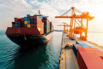 Fototapeta premium A large container ship loaded with colorful shipping containers is docked at a bustling port, with towering cranes ready for loading and unloading operations.