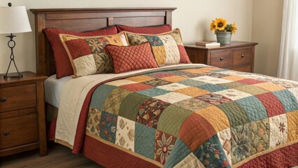 Obraz premium A vibrant patchwork quilt adorns the bed enhancing a sense of warmth and comfort with matching pillows that pop against the neutral backdrop inviting restful slumber after a day