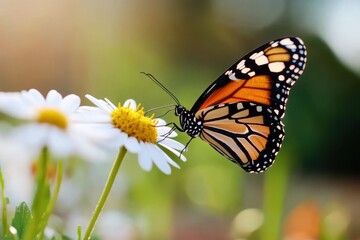 Obraz premium In the warm glow of sunlight, a monarch butterfly delicately perches on a white daisy, displaying its beautiful orange and black wings in a serene garden setting.