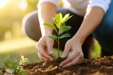 In a symbolic act of nurturing and growth, hands gently plant a vibrant green seedling into rich soil, representing hope, renewal, and a sustainable future.