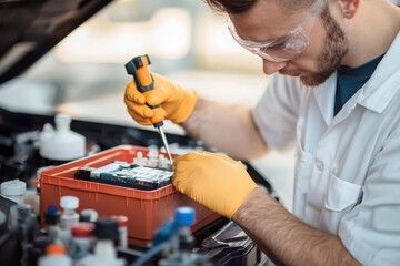 A man diligently tends to a car battery, using a screwdriver to ensure proper function and safety, while showcasing skill and focus in automotive maintenance.