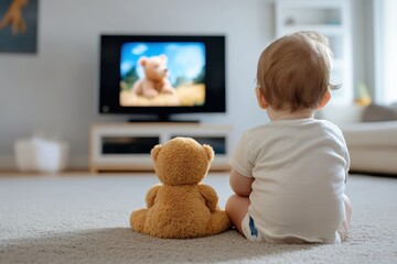 A baby and teddy bear sit companionably watching a TV with a scenic animated bear image, in a spacious, well-lit living area, evoking calm and pleasure.