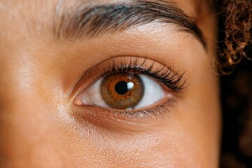 Obraz premium A striking close-up image depicting the intricate details and colors of a human eye, highlighting the iris and surrounding skin with sharp clarity.