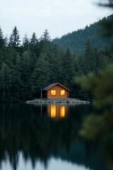 Obraz premium Secluded cabin on a tranquil lake at dusk, reflecting lights in still water, surrounded by dense forest.
