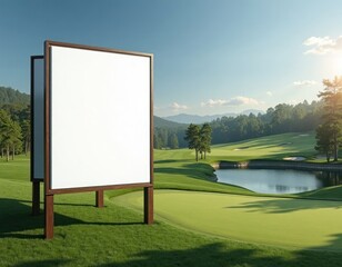 Blank billboard mockup on golf course. White screen ad space. Wooden frame. Green fairways, lakes. Scenic hills in background. Outdoor advertising. Great for sponsor promotion. Ideal for golf