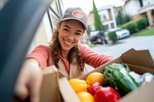A warm delivery person presents a box of fresh vegetables and fruits at the doorstep, wearing a relaxed cap, symbolizing healthy delivery services and natural food.