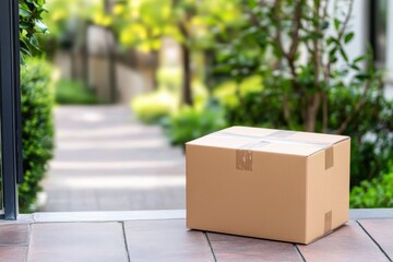 A cardboard package sits on a stylish outdoor doorstep, waiting to be collected by the recipient in a modern, lush residential neighborhood.