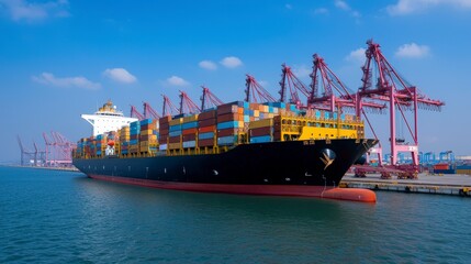 Fototapeta premium Large Container Ship Docked at Port Global Trade Maritime Transport Cargo Logistics