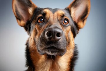 Fototapeta premium This image presents a close-up view of a German Shepherd dog's face, showcasing its keen and focused expression, emphasizing this breed's intelligence and loyalty.