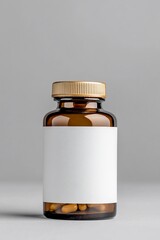 Amber glass bottle with blank label and pills.