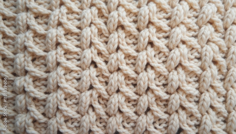Poster Closeup view of knitted fabric with subtle pattern. Fabric light beige color. Texture soft, inviting. Handcrafted quality with gentle light. Neutral palette would complement various design themes in