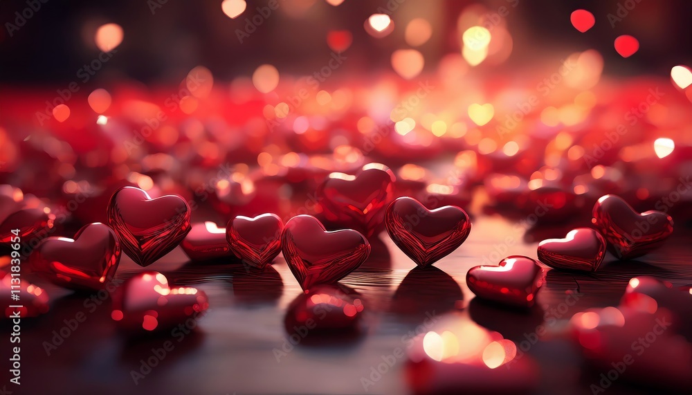 Poster a beautiful array of shiny red hearts scattered on a surface, creating a romantic and festive ambian