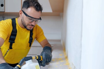 Fototapeta premium A worker dons safety glasses and protective gear while operating a power tool. Emphasizing safety and focus, the scene conveys a sense of careful craftsmanship.