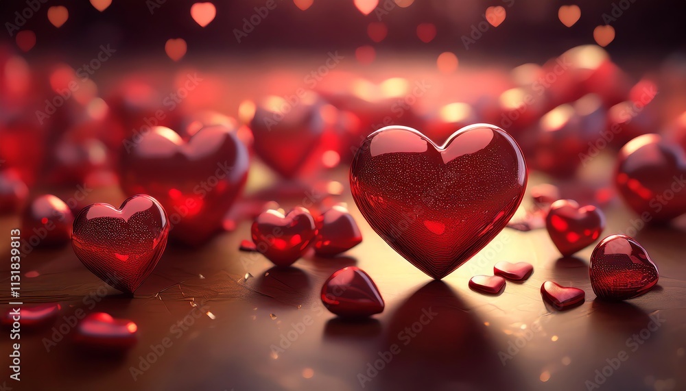Poster a romantic scene featuring sparkling red hearts scattered on a surface, creating a warm and enchanti