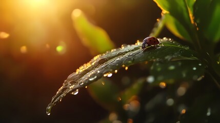 Fototapeta premium Ladybug on dew-covered leaf at sunset.