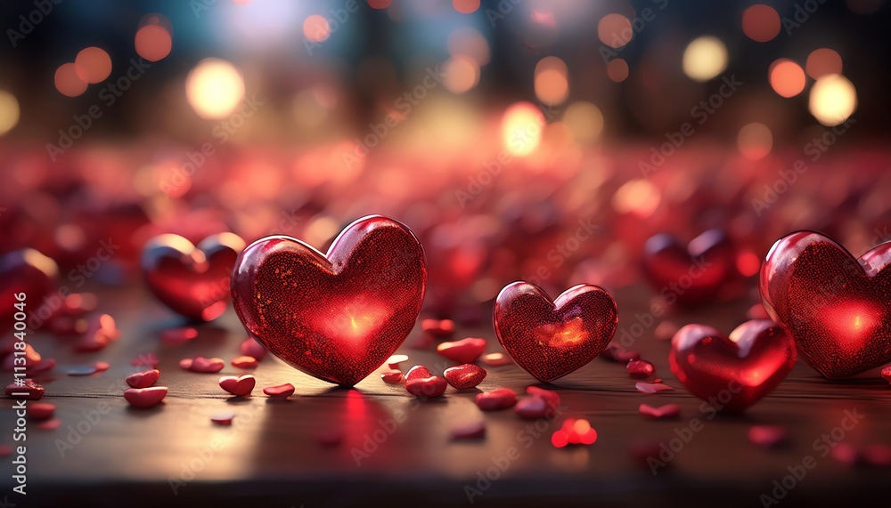 Poster a close-up view of shimmering red heart shapes scattered on a wooden surface, creating a romantic at