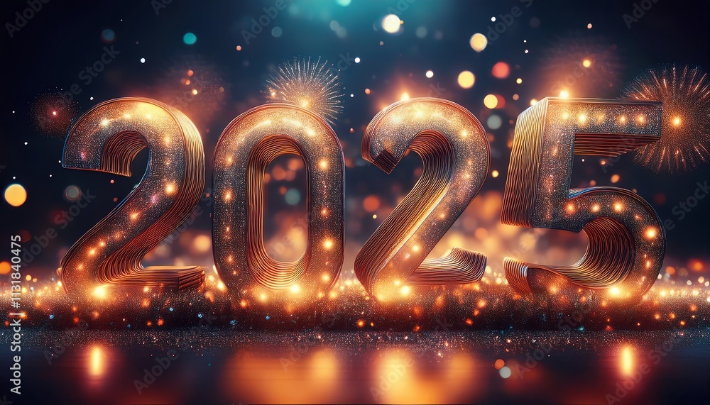 Poster a sparkling representation of the year 2025, adorned with festive lights and colorful bokeh, creatin